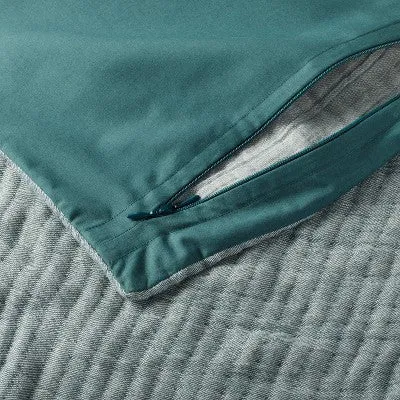 New - Casaluna Cotton Jacquard Pillow Sham Reversible Textured, Dark Teal Blue, Euro