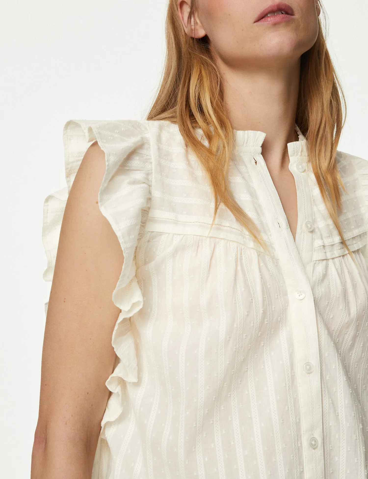 Pure Cotton High Neck Ruffle Blouse